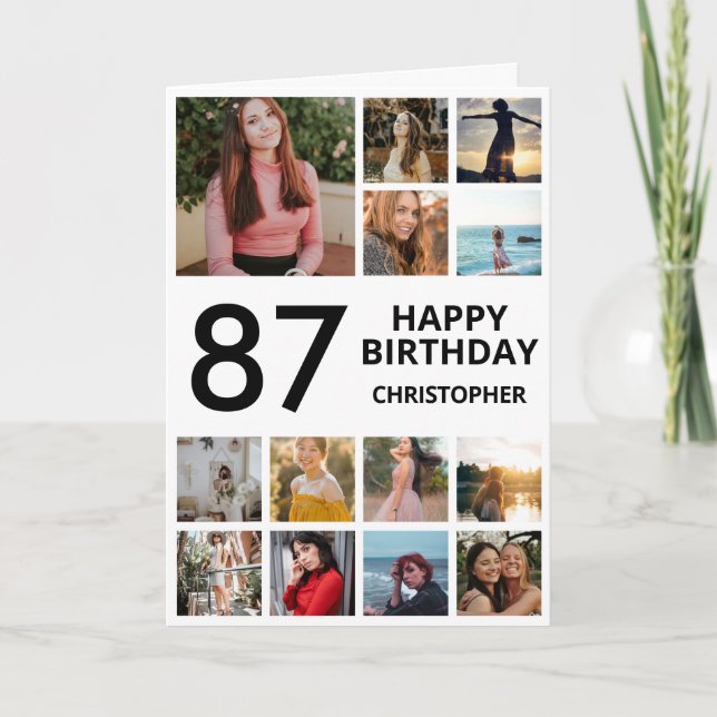 Cartão 87.º Aniversário Colagem de Fotos 13 Fotos Preto B (Frente)
