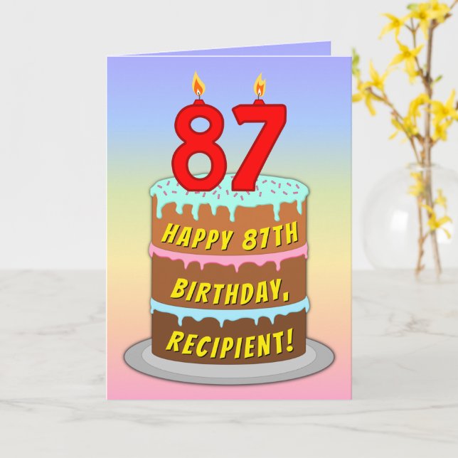 Cartão 87th Birthday — Fun Cake & Candles, w/ Custom Name (Flor Amarela)