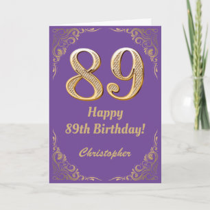 Cartão 89.º aniversário, Roxo e Dourado quadro de brilho