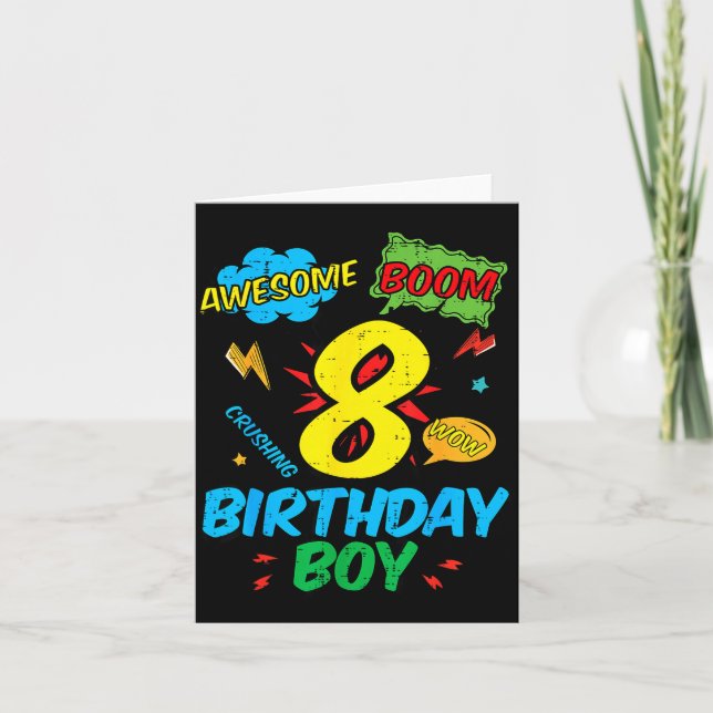 Cartão 8 Birthday Boy Comic Cool 8th Bday Superhero Party (Frente)