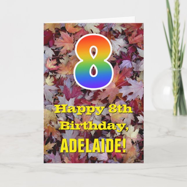 Cartão 8.o aniversário; Folhas Russas de outono; Arco-íri (Frente)