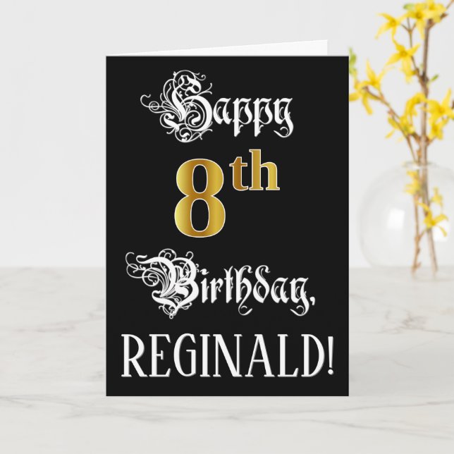 Cartão 8.o aniversário — Script de Rico; Faux Dourado Loo (Flor Amarela)