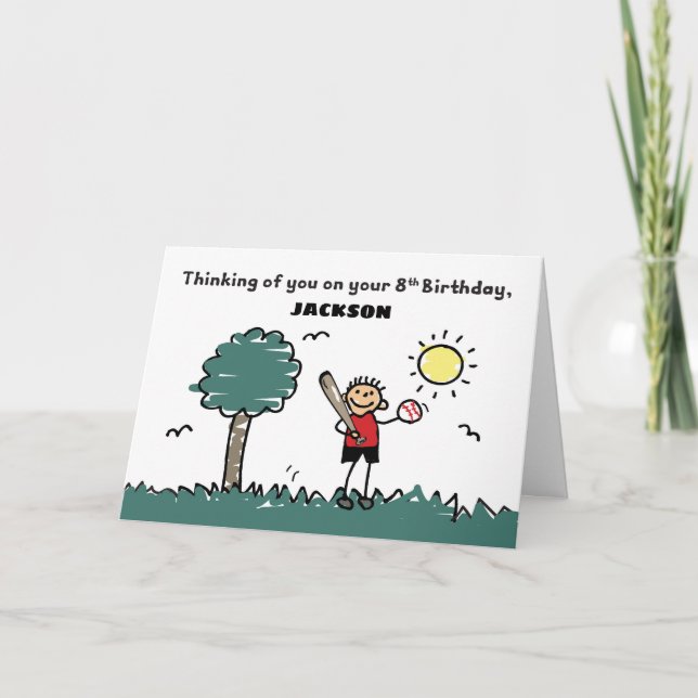 Cartão 8th Baseball Birthday Custom Name Stick Figura (Frente)