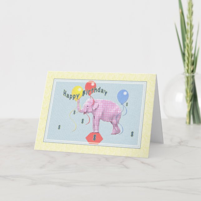 Cartão 8th Birthday Card with Pink Elephant and Balloons (Frente)