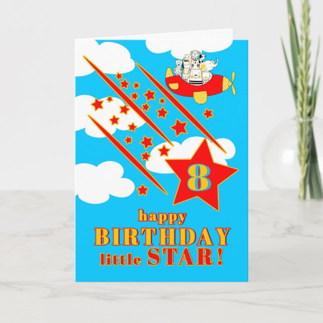 Cartão 8th Birthday Little Star Cute Animals in a Plane (Frente)