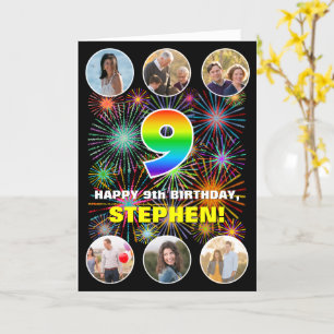 Cartão 9º aniversário: Divertido Rainbow #, nome personal