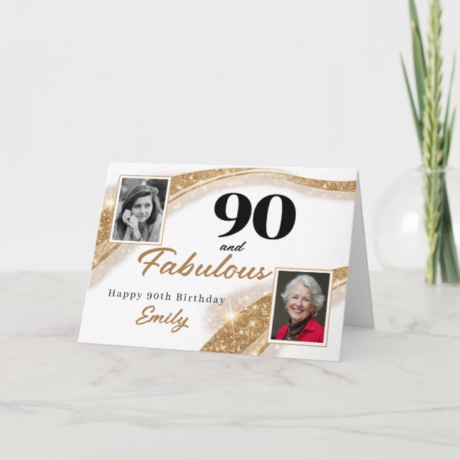 Cartão 90 and Fabulous Gold Glitter Photo 90th Birthday (Frente)