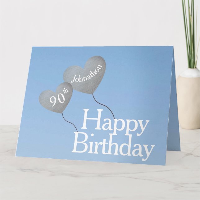 Cartão 90 aniversário com balões prateados no céu (Frente)