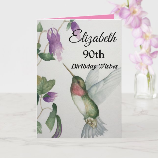 Cartão 90 Birthday Elegant Hummingbird Watercolor (Orquídea)