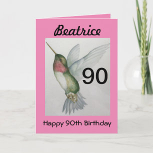 Cartão 90 Birthday Elegant Pink Hummingbird Watercolor