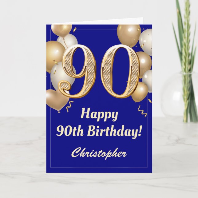 Cartão 90 Birthday Marinho Azul e Dourado Balões Confetti (Frente)