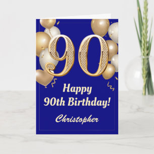 Cartão 90 Birthday Marinho Azul e Dourado Balões Confetti