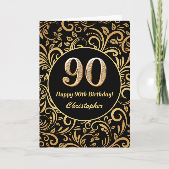 Cartão 90 Birthday - Padrão Floral Dourado e Preto (Frente)