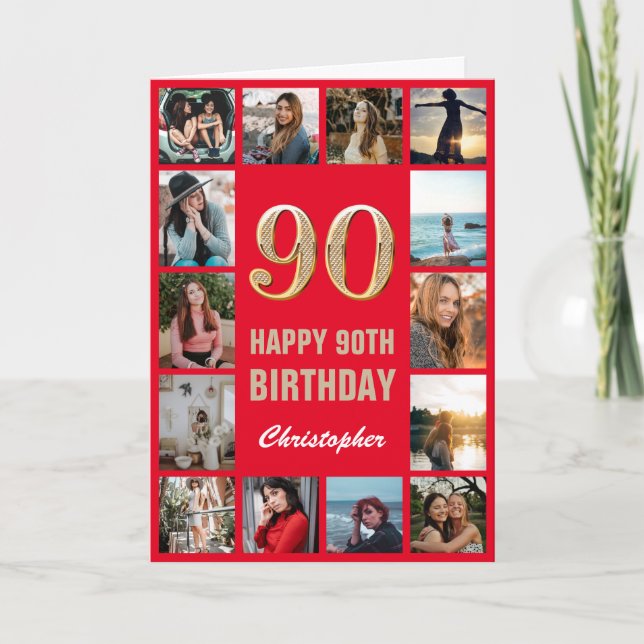 Cartão 90 Happy Birthday Red and Dourado Photo Collage (Frente)