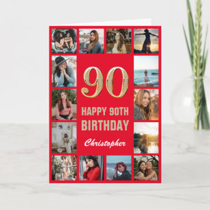 Cartão 90 Happy Birthday Red and Dourado Photo Collage