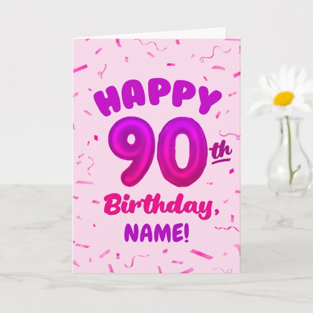 Cartão 90th Balloon Number Custom Name Birthday Card (Planta pequena)