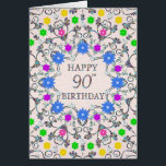 Cartão 90th Birthday Abstract Flowers<br><div class="desc">90th Birthday card.  A glorious abstract pattern with flowers and diamonds. A very pretty,  feminine,  and stylish way to say 'Happy Birthday'. An unusual design that stands out. Send your birthday wishes in an elegant and eloquent way. All the diamonds on this card are printed.</div>