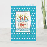 Cartão 90th Birthday Cake<br><div class="desc">Make a delightful birthday possible. Celebrate with someone on 90th birthday with this card. Here’s a birthday cake on a white and blue dotted background,  lighted with 90 candles.</div>