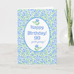 Cartão 90th Birthday Pretty Blue Green Periwinkle Flowers<br><div class="desc">A very pretty 90th Birthday Card to personalize,  with a country-style ditsy pattern of Bright Blue Periwinkle flowers on a white background. A custom front version of this birthday card is also available for you to add the age.</div>