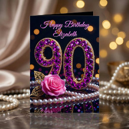 Cartão 90th Birthday Purple Amethyst Jewels Pink Rose