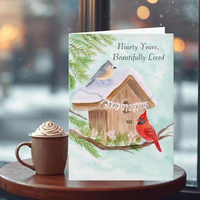 Cartão 90th Happy Birthday Birds at Birdhouse (Criador carregado)