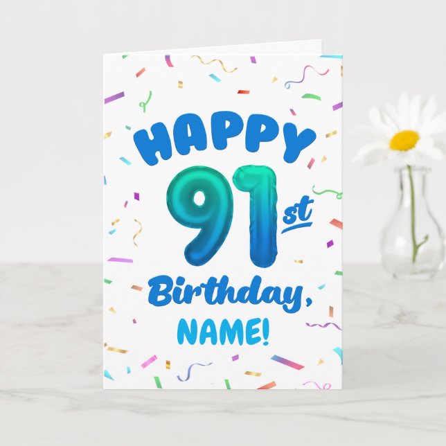 Cartão 91st Balloon Number Custom Name Birthday Card (Planta pequena)