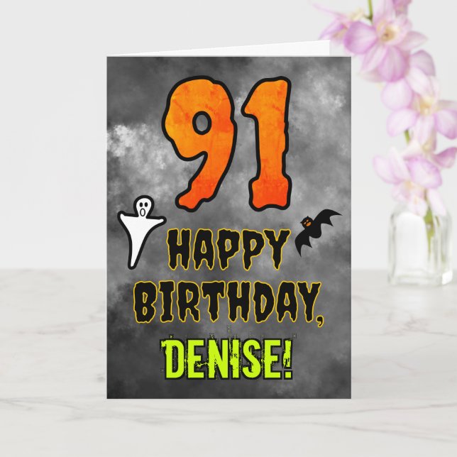 Cartão 91st Birthday: Eerie Halloween Theme + Custom Name (Orquídea)
