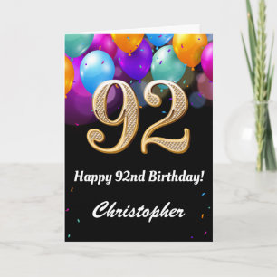 Cartão 92º Aniversário Balões Negros e Dourados Coloridos