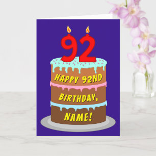 Cartão 92º Aniversário: Bolo e Velas Divertidas + Nome Pe