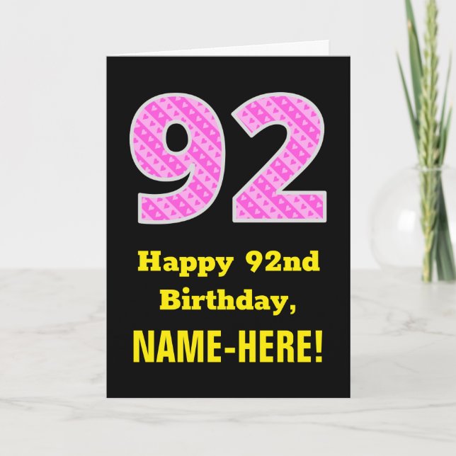 Cartão 92nd Birthday: Pink Stripes and Hearts "92" + Name (Frente)