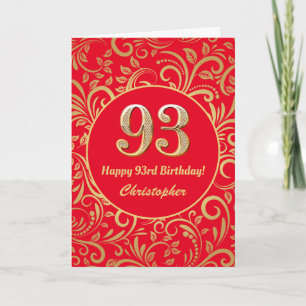 Cartão 93º Aniversário, Vermelho e Dourado Padrão Floral