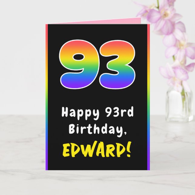 Cartão 93rd Birthday: Colorful Rainbow # 93, Custom Name (Orquídea)