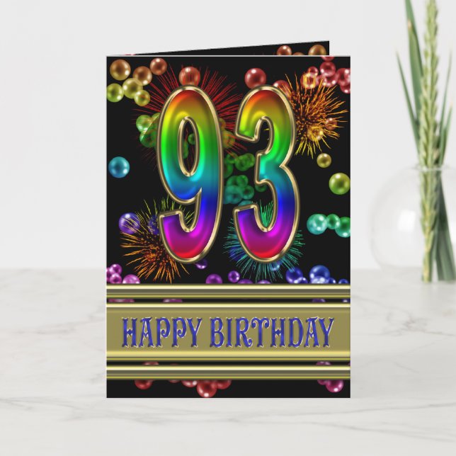 Cartão 93rd Birthday with rainbow bubbles and fireworks (Frente)