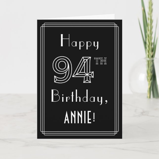 Cartão 94th Birthday: Art Deco Style # 94 & Custom Name (Frente)