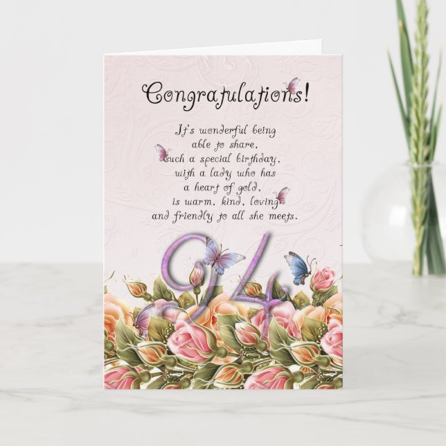 Cartão 94th birthday card with butterflies and roses (Frente)