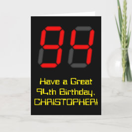 Cartão 94th Birthday: Red Digital Clock Style "94" + Name