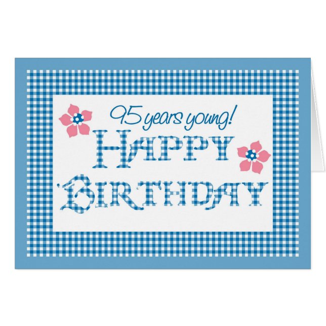 Cartão 95º aniversário, Blue Check Gingham Pattern (Frente Horizontal)