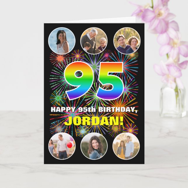 Cartão 95.º aniversário: Divertido Rainbow #, nome person (Orquídea)