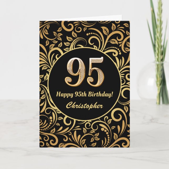 Cartão 95.º Aniversário Padrão Floral Dourado e Preto (Frente)
