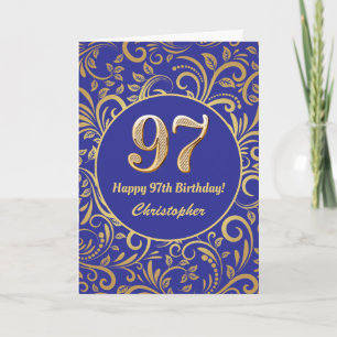 Cartão 97º Aniversário Marinho Azul e Dourado Padrão Flor