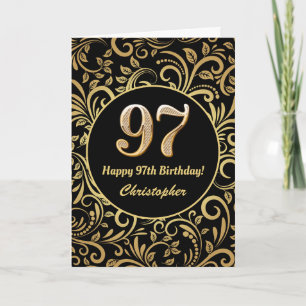 Cartão 97.º Aniversário Padrão Floral Dourado e Preto