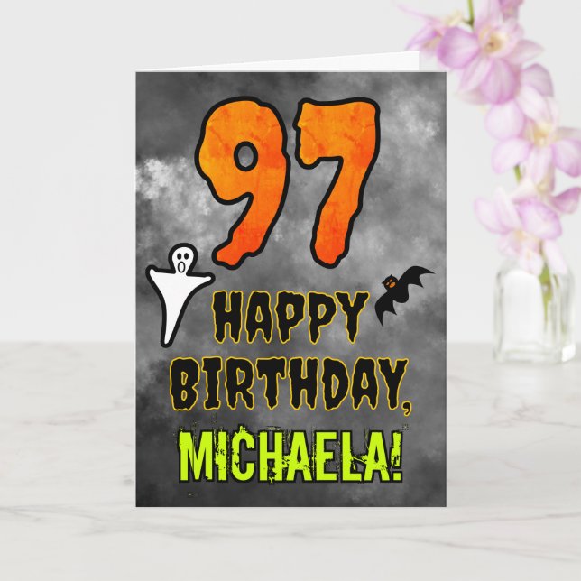 Cartão 97th Birthday: Eerie Halloween Theme + Custom Name (Orquídea)