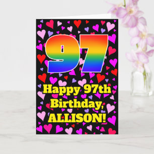 Cartão 97th Birthday: Loving Hearts Pattern, Rainbow # 97