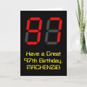 Cartão 97th Birthday: Red Digital Clock Style "97" + Name
