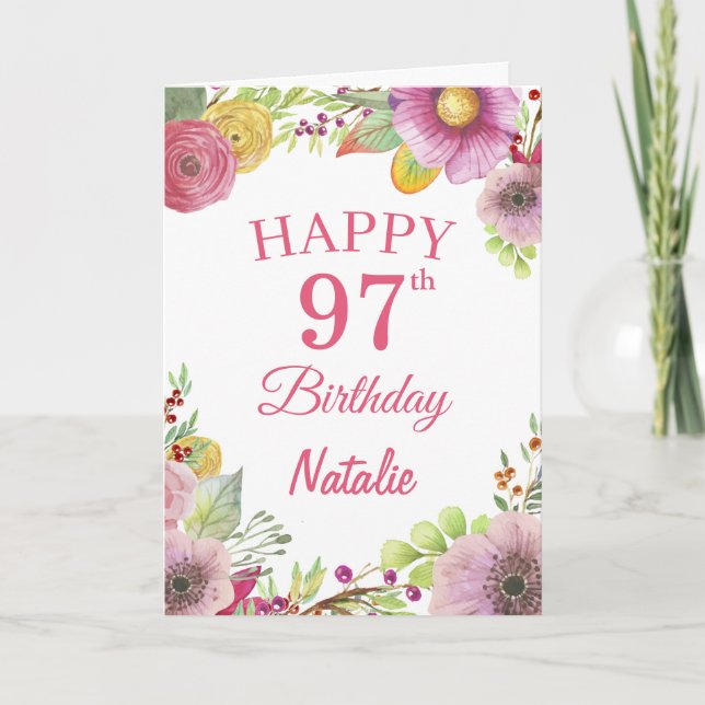Cartão 97th Birthday Watercolor Floral Flowers Pink Card (Frente)
