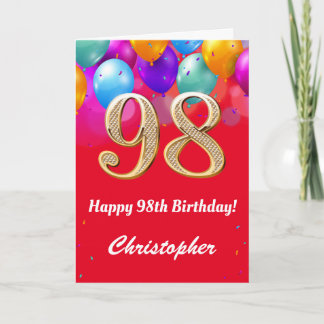 Cartão 98.º Aniversário Balões Vermelhos e Dourados Color