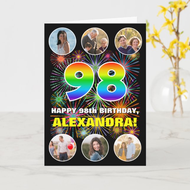 Cartão 98.º aniversário: Divertido Rainbow #, nome person (Flor Amarela)