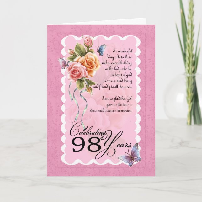 Cartão 98 years old greeting card - roses and butterflies (Frente)
