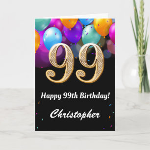 Cartão 99º aniversário Balões Dourados e negros