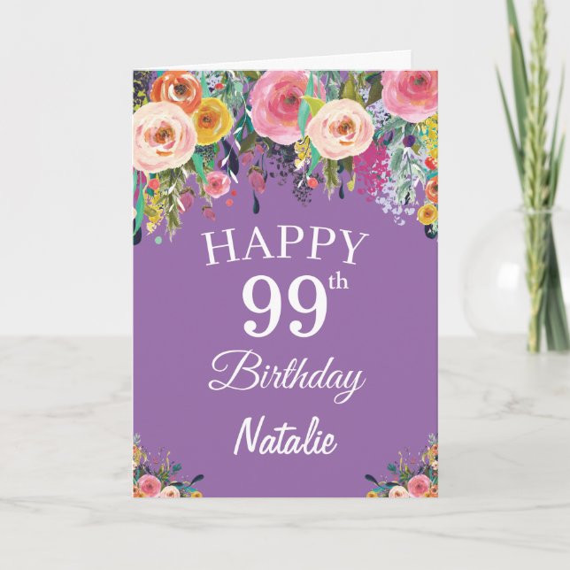 Cartão 99th Birthday Watercolor Floral Flowers Purple (Frente)